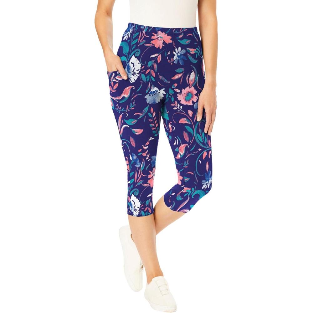 image:imageWoman Within Plus Size StretchCotton Knit PullOn Printed Pocket Capri LeggingsNavy Coral Multi Floral