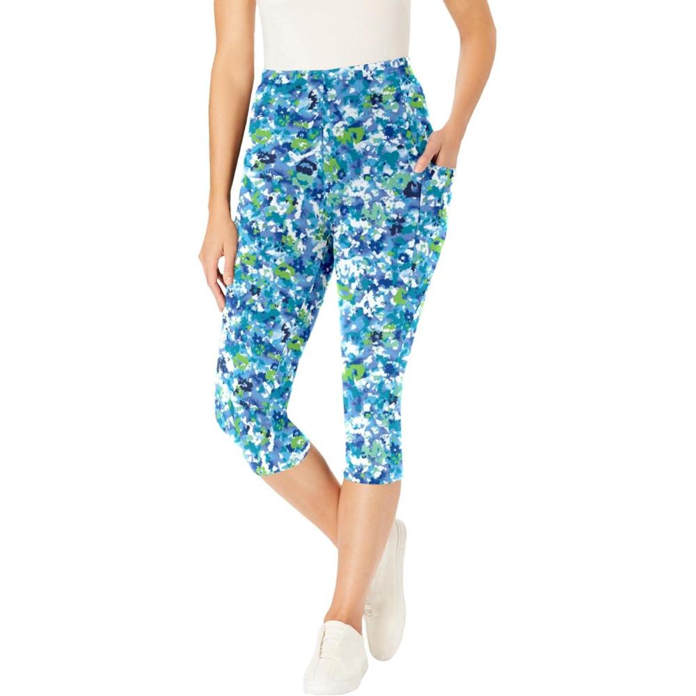 image:imageWoman Within Plus Size StretchCotton Knit PullOn Printed Pocket Capri LeggingsParadise Blue Abstract