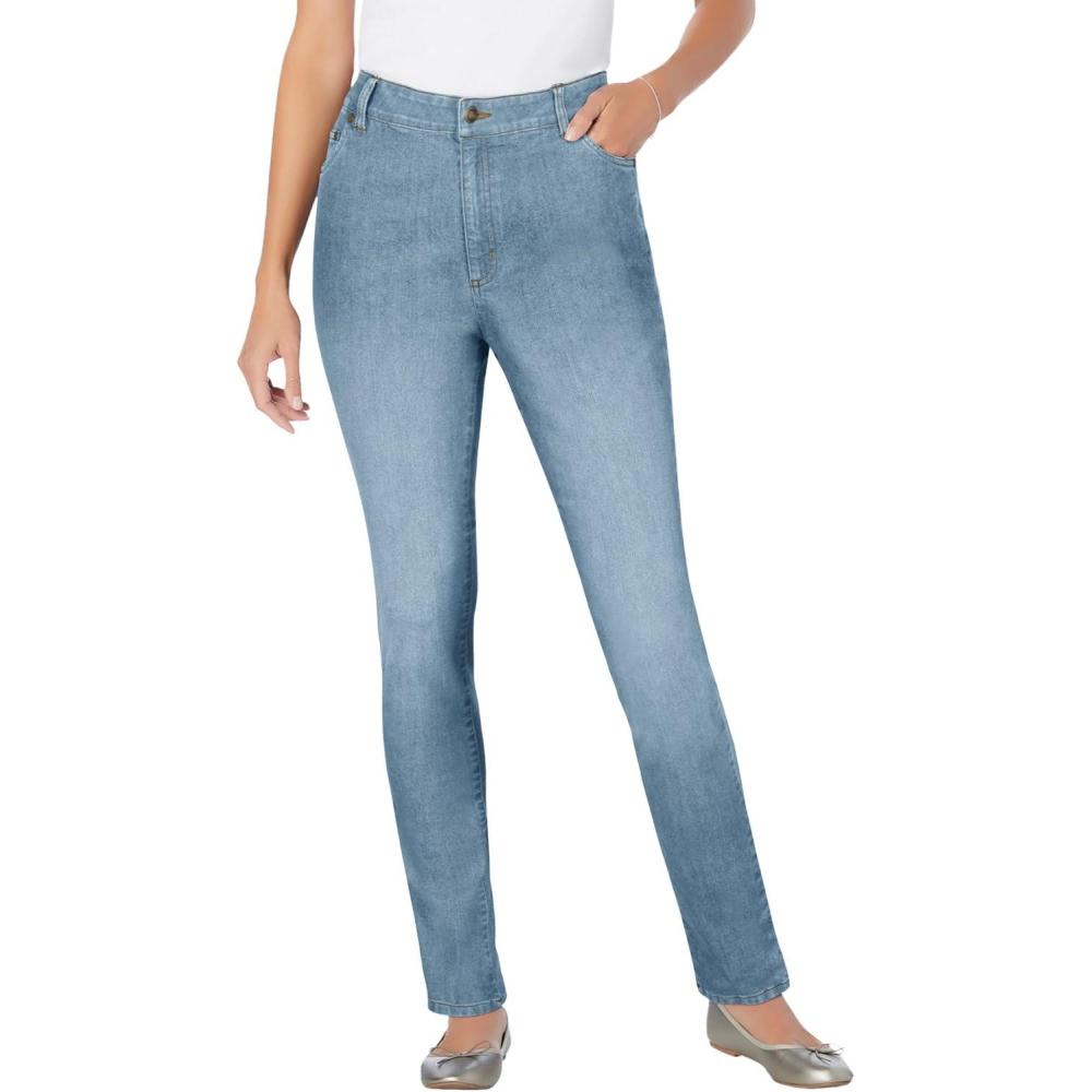 image:imageWoman Within Plus Size StretchDenim SlimLeg FivePocket JeansLight Wash Sanded