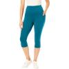 Woman Within Plus Size Petite Stretch-Cotton Knit Pull-On Pocket Capri Leggings(Deep Teal)