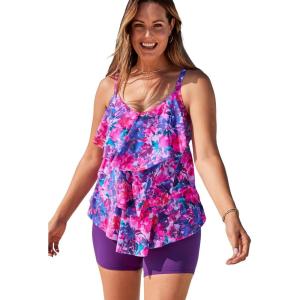 Swimsuits for All Swim 365 Women’s Plus Size Longer-Length Tiered-Ruffle Tankini Top(Bright Fuchsia Watercolor Floral)