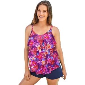Swimsuits for All Swim 365 Women’s Plus Size Longer-Length Tiered-Ruffle Tankini Top(Spiced Hibiscus)