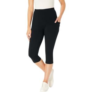 Woman Within Plus Size Petite Stretch-Cotton Knit Pull-On Pocket Capri Leggings(Black)