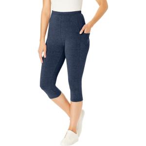 Woman Within Plus Size Petite Stretch-Cotton Knit Pull-On Pocket Capri Leggings(Heather Navy)