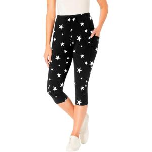 Woman Within Plus Size Stretch-Cotton Knit Pull-On Printed Pocket Capri Leggings(Black White Stars)
