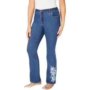 Woman Within Plus Size Tall Stretch Denim Five-Pocket Bootcut Jeans(Medium Stonewash Floral Embroidery)