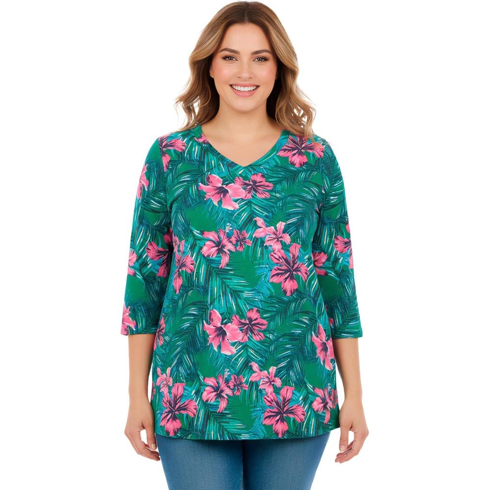 image:imageWoman Within Plus Size Perfect Printed ThreeQuarter Sleeve VNeck TeeEmerald Tropical Bloom