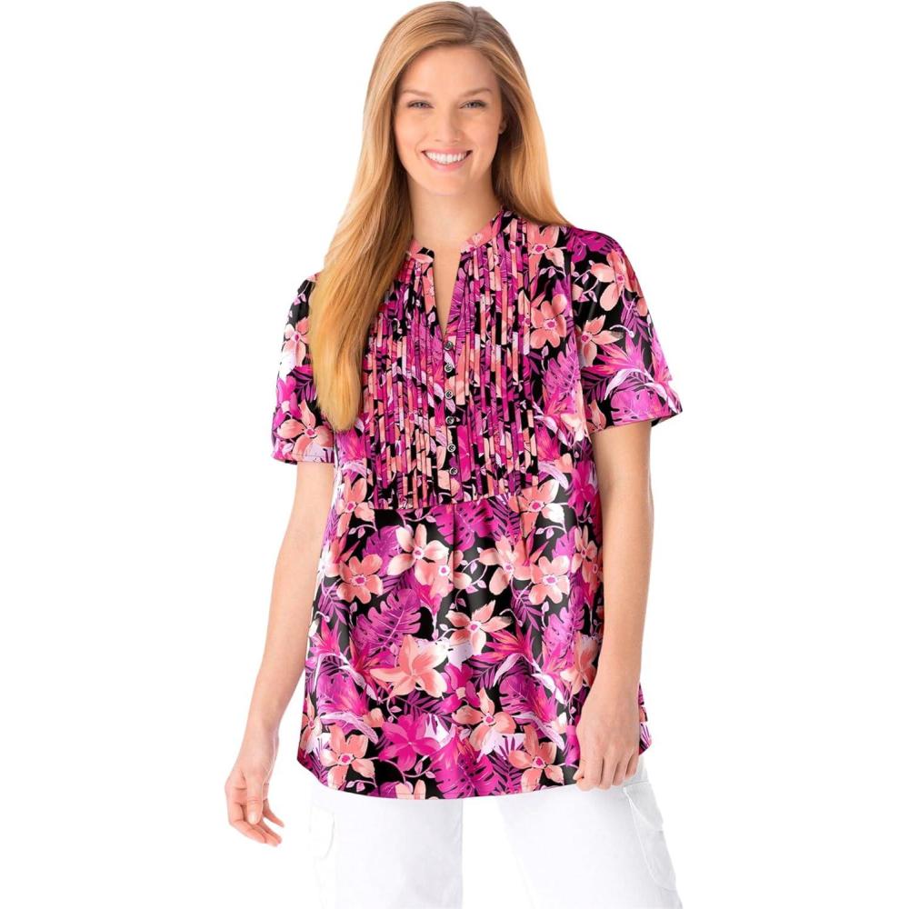 image:imageWoman Within Plus Size Pintucked HalfButton TunicBlack Coral Hibiscus