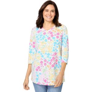 Woman Within Plus Size Perfect Printed Three-Quarter Sleeve V-Neck Tee(White Multi Floral)