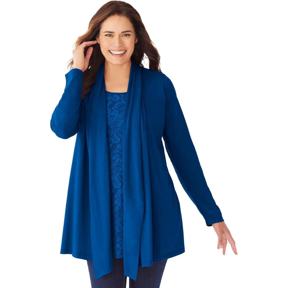 image:imageWoman Within Plus Size 2Fer Cardigan amp Attached Lace TunicDeep Cobalt