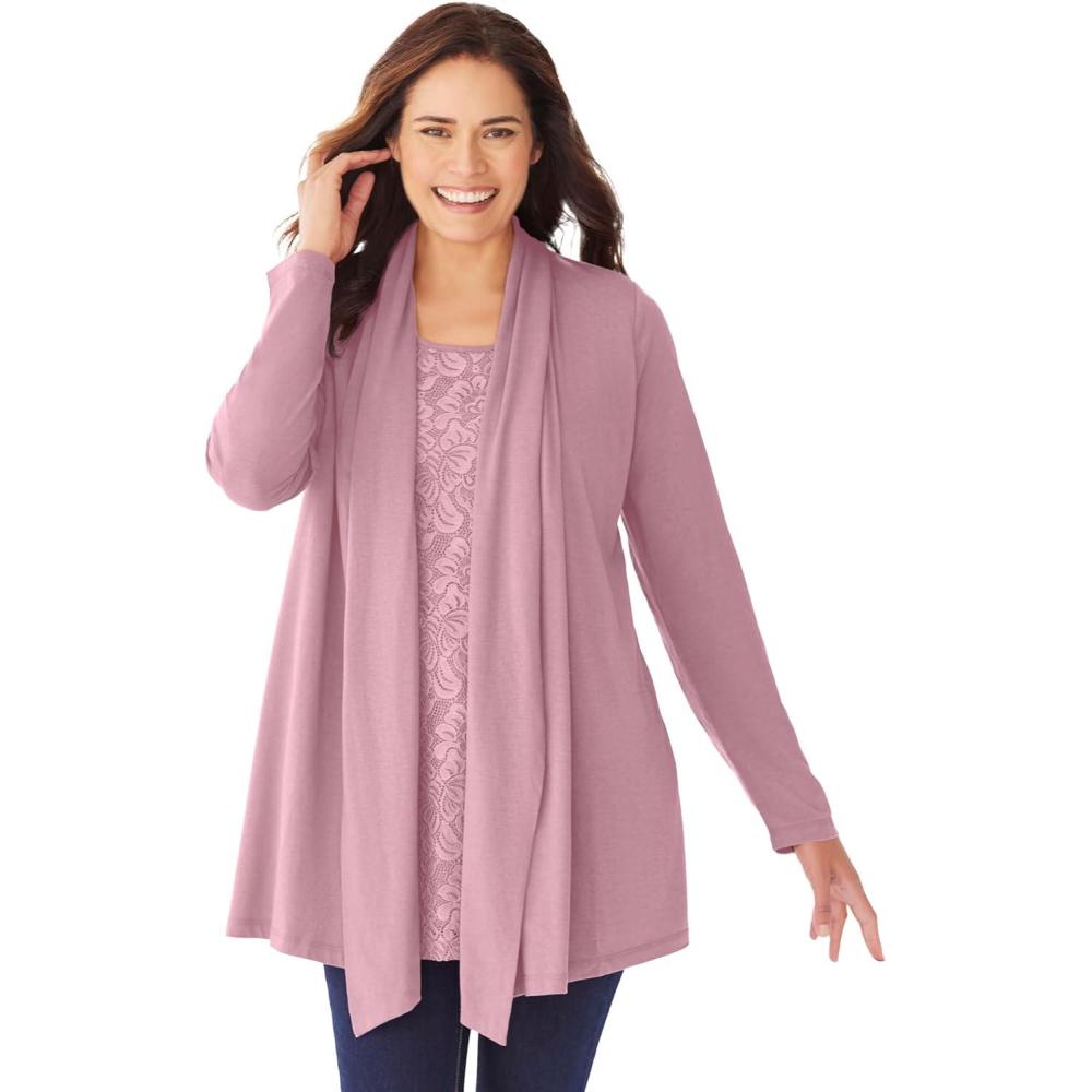 image:imageWoman Within Plus Size 2Fer Cardigan amp Attached Lace TunicDusty Pink