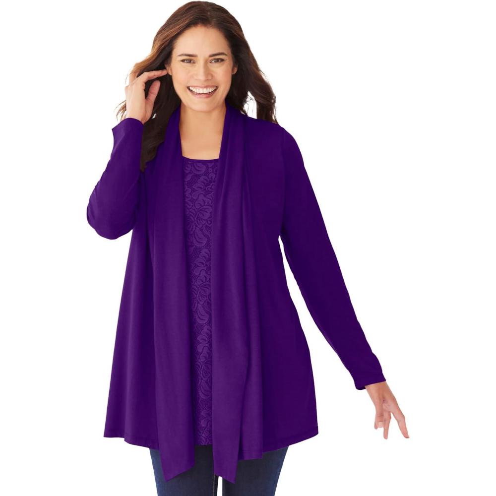 image:imageWoman Within Plus Size 2Fer Cardigan amp Attached Lace TunicRadiant Purple