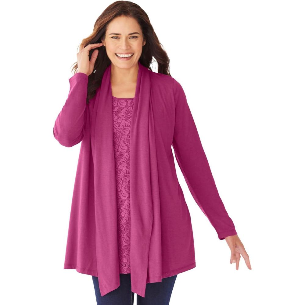 image:imageWoman Within Plus Size 2Fer Cardigan amp Attached Lace TunicRaspberry