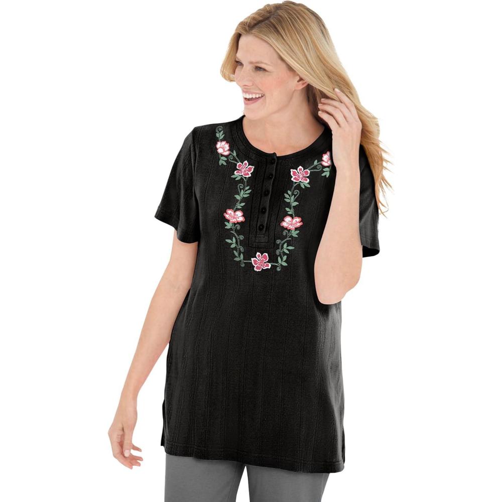 image:imageWoman Within Plus Size 7Day Embroidered Pointelle TunicBlack Floral Embroidery
