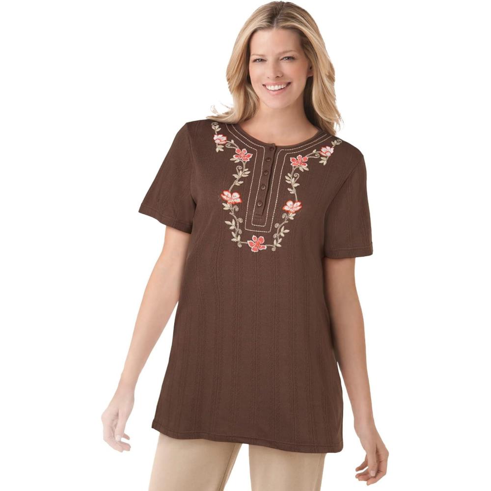 image:imageWoman Within Plus Size 7Day Embroidered Pointelle TunicChocolate Floral Embroidery