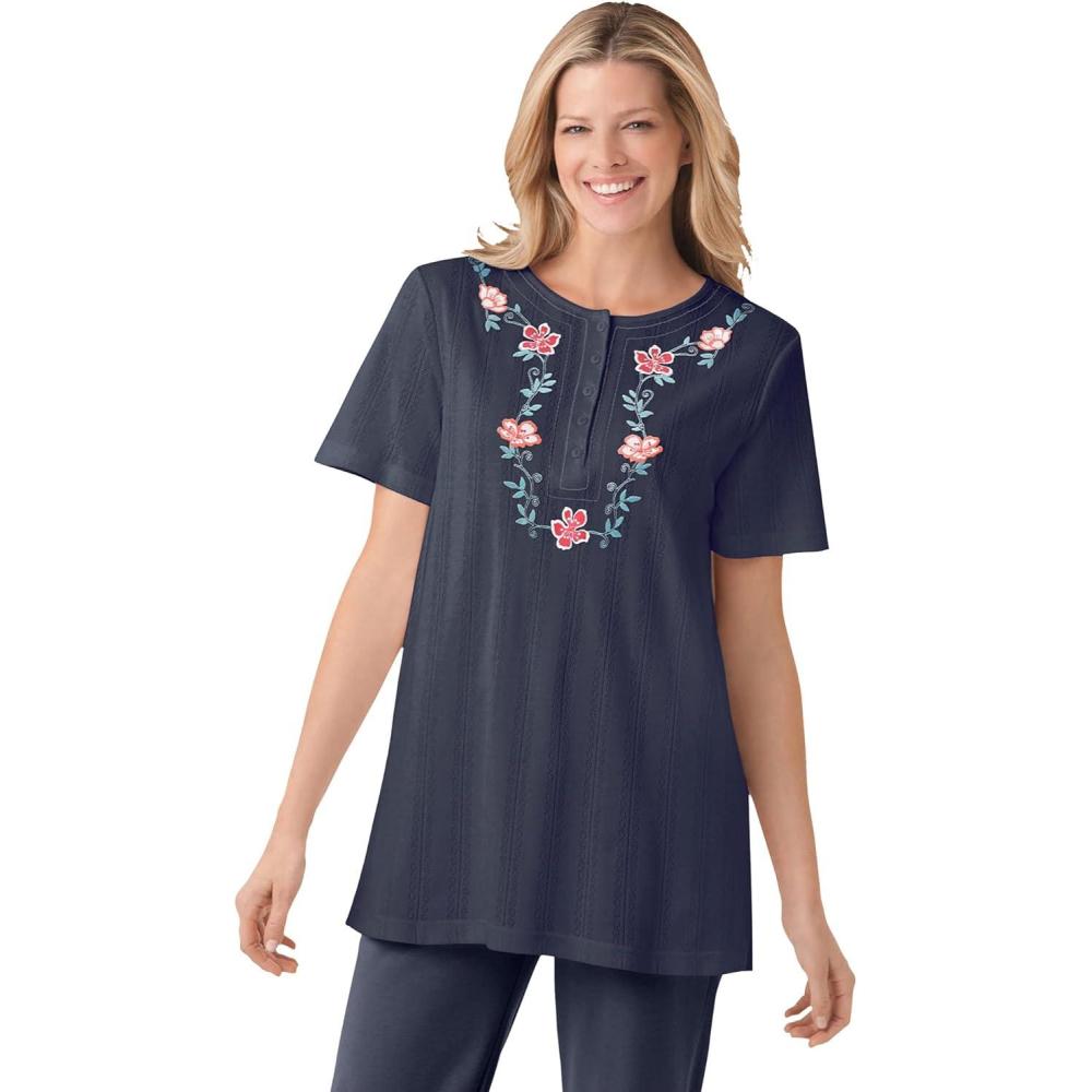 image:imageWoman Within Plus Size 7Day Embroidered Pointelle TunicNavy Floral Embroidery