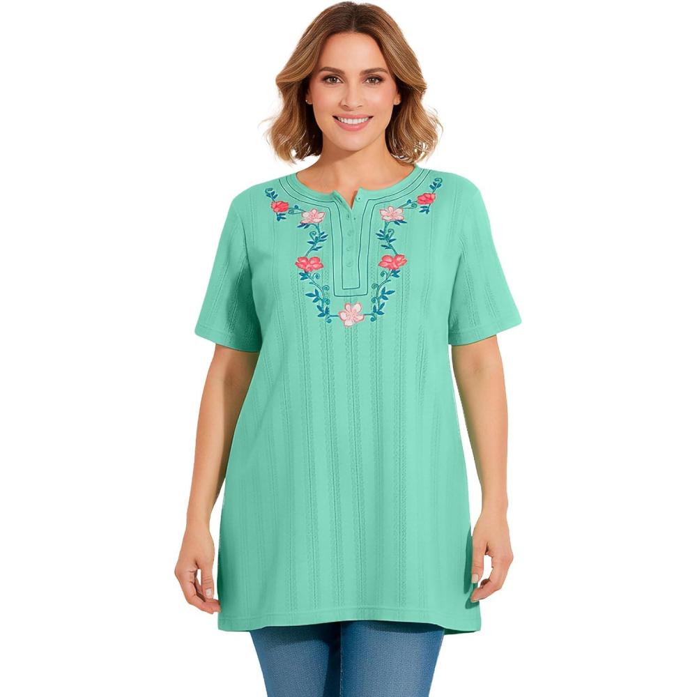 image:imageWoman Within Plus Size 7Day Embroidered Pointelle TunicPale Seafoam Floral Embroidery