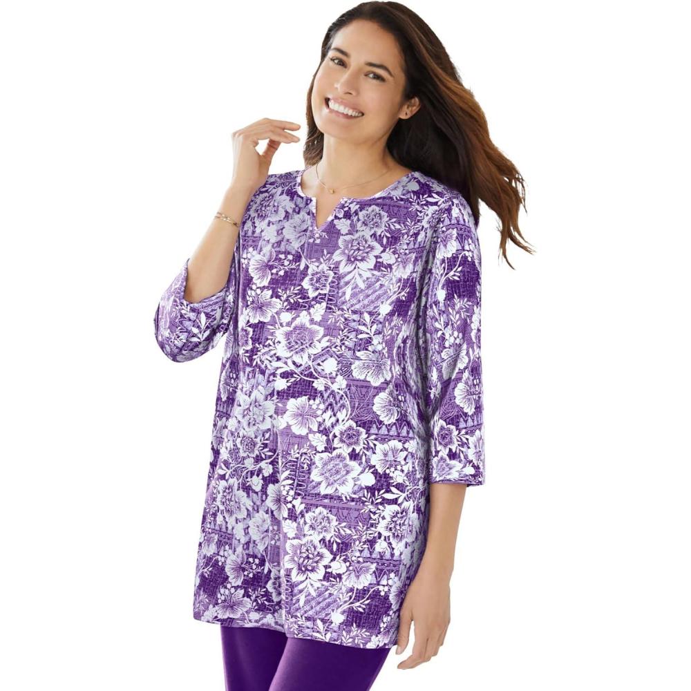 image:imageWoman Within Plus Size 7Day ThreeQuarter Sleeve NotchNeck TunicRadiant Purple Floral Patchwork