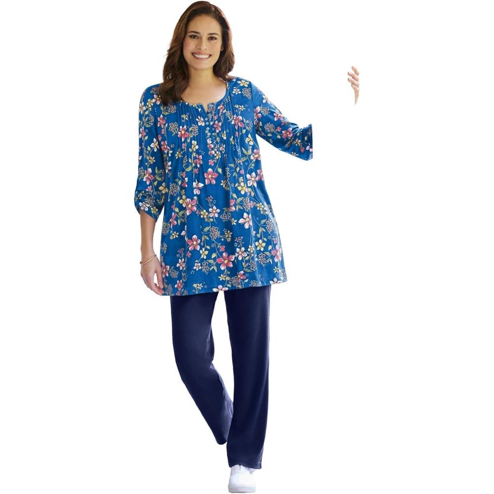 image:imageWoman Within Plus Size 7Day ThreeQuarter Sleeve Pintucked Henley TunicDeep Cobalt Moonlit Bloom