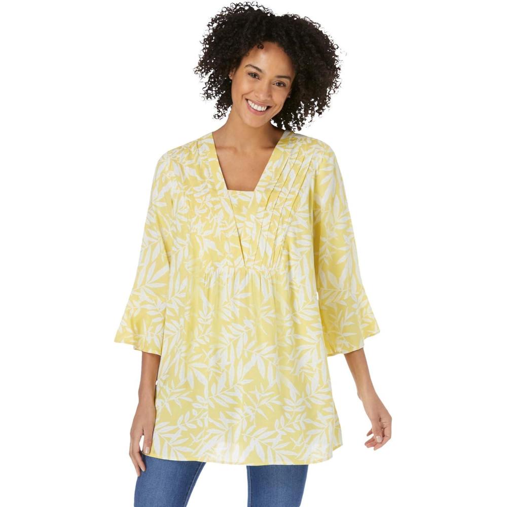 image:imageWoman Within Plus Size BellSleeve VNeck TunicPrimrose Yellow Leaf