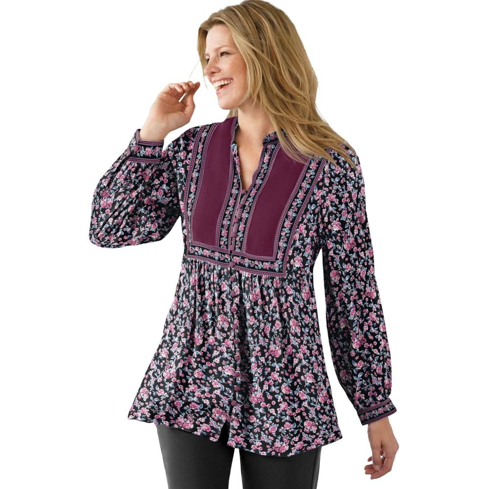 image:imageWoman Within Plus Size ButtonFront Mixed Print TunicBlack Rose Garden