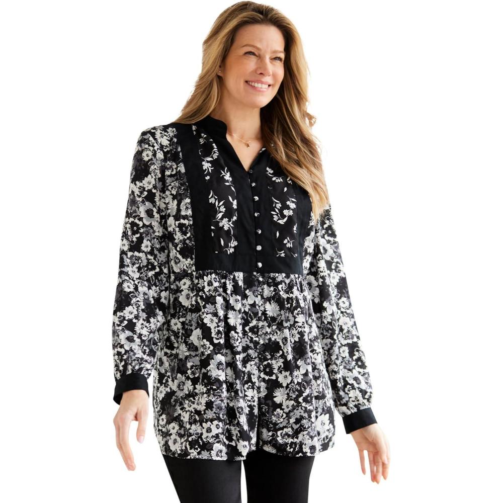 image:imageWoman Within Plus Size ButtonFront Mixed Print TunicBlack Soft Floral