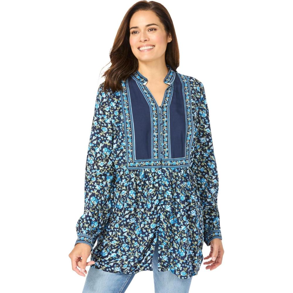 image:imageWoman Within Plus Size ButtonFront Mixed Print TunicNavy Cobalt Rose Garden
