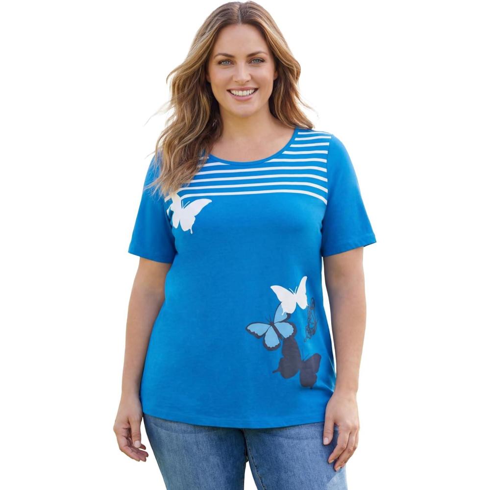 image:imageWoman Within Plus Size Graphic Print Scoop Neck TunicCobalt Striped Butterfly