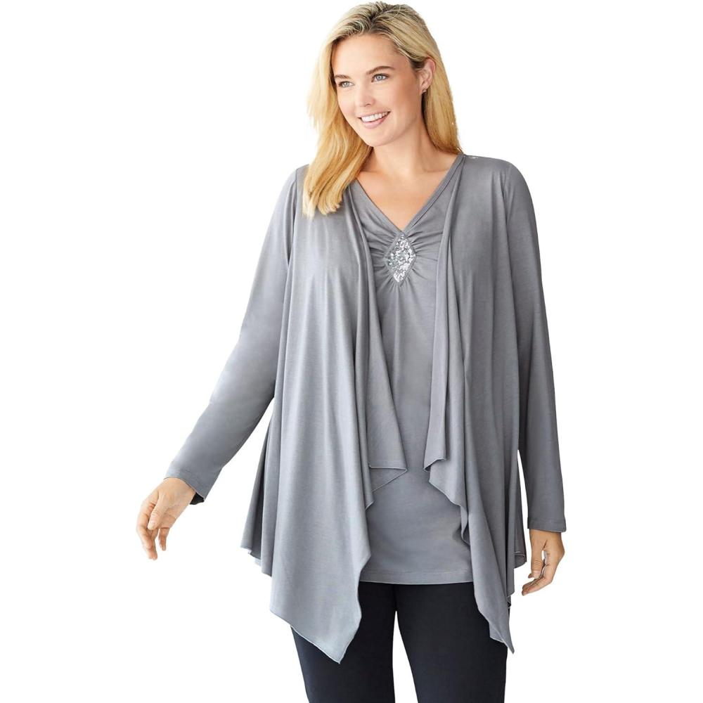 image:imageWoman Within Plus Size Layered Look Long Top With Sequined InsetGunmetal