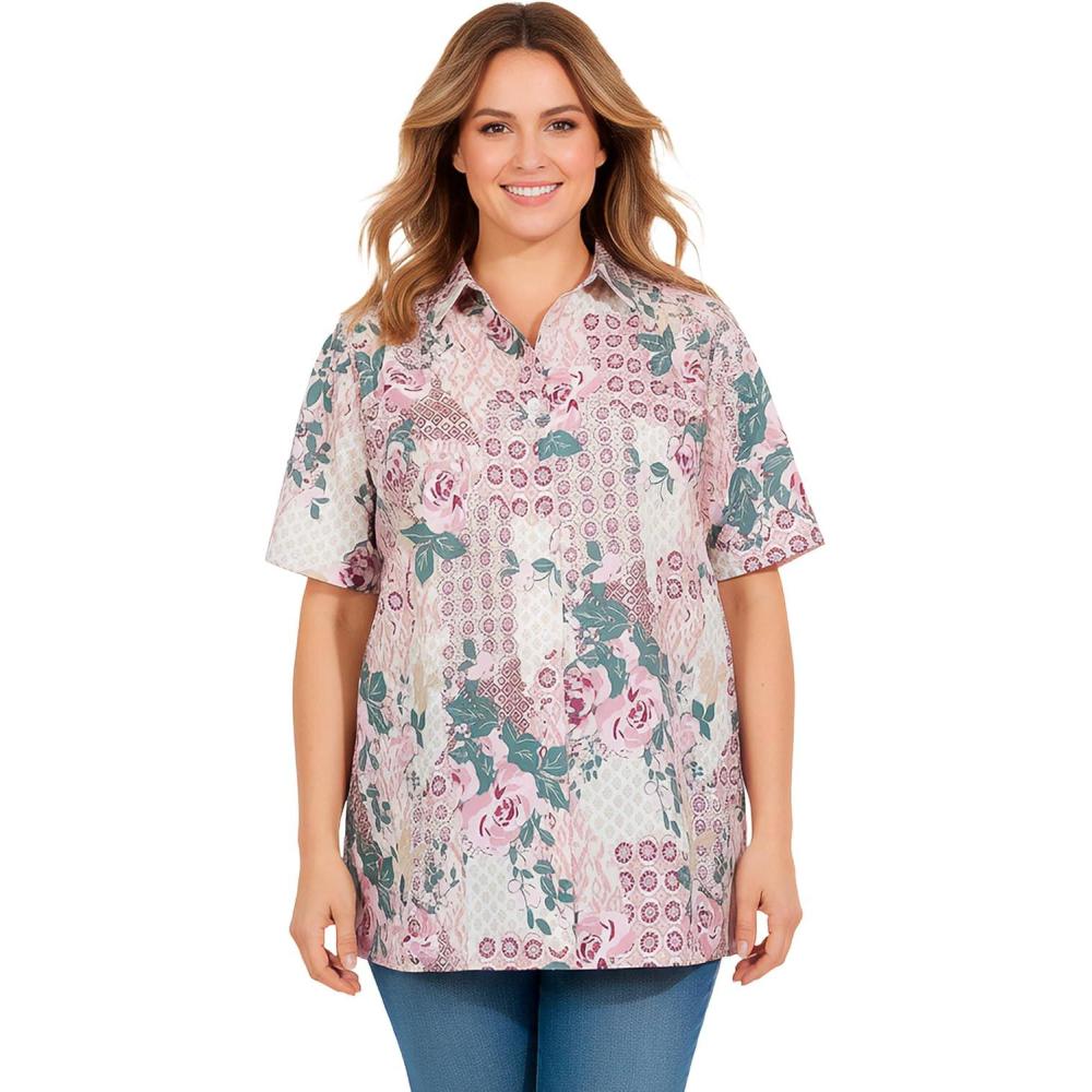image:imageWoman Within Plus Size No Iron Short Sleeve Peachskin ShirtNew Khaki Multi Patchwork
