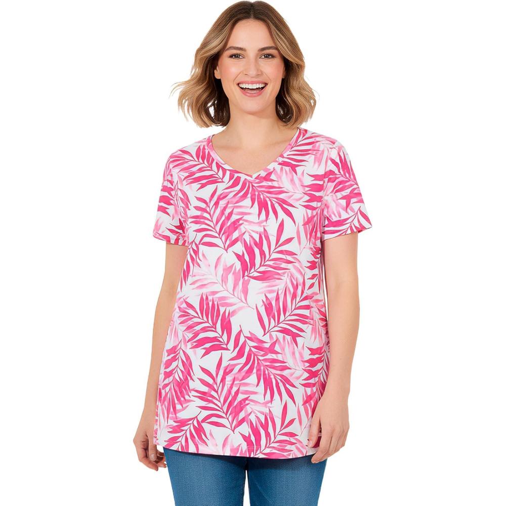 image:imageWoman Within Plus Size Perfect Printed ShortSleeve VNeck TunicRaspberry Palm Leaves