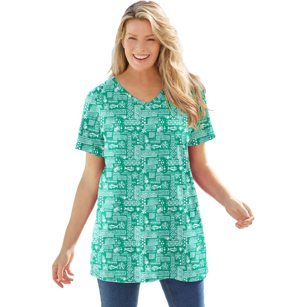 image:imageWoman Within Plus Size Perfect Printed ShortSleeve VNeck TunicTropical Green Island Stamp
