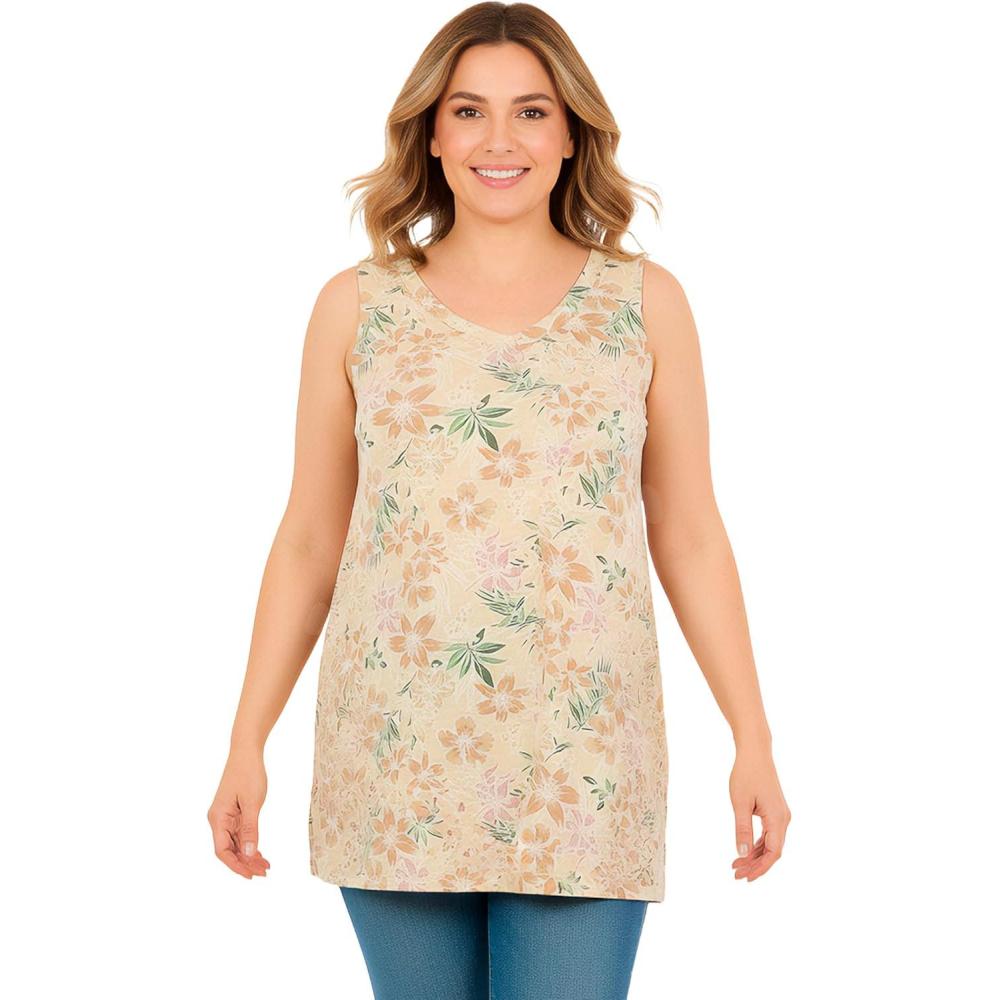 image:imageWoman Within Plus Size Perfect Printed Sleeveless Shirred VNeck TunicNatural Khaki Orchids