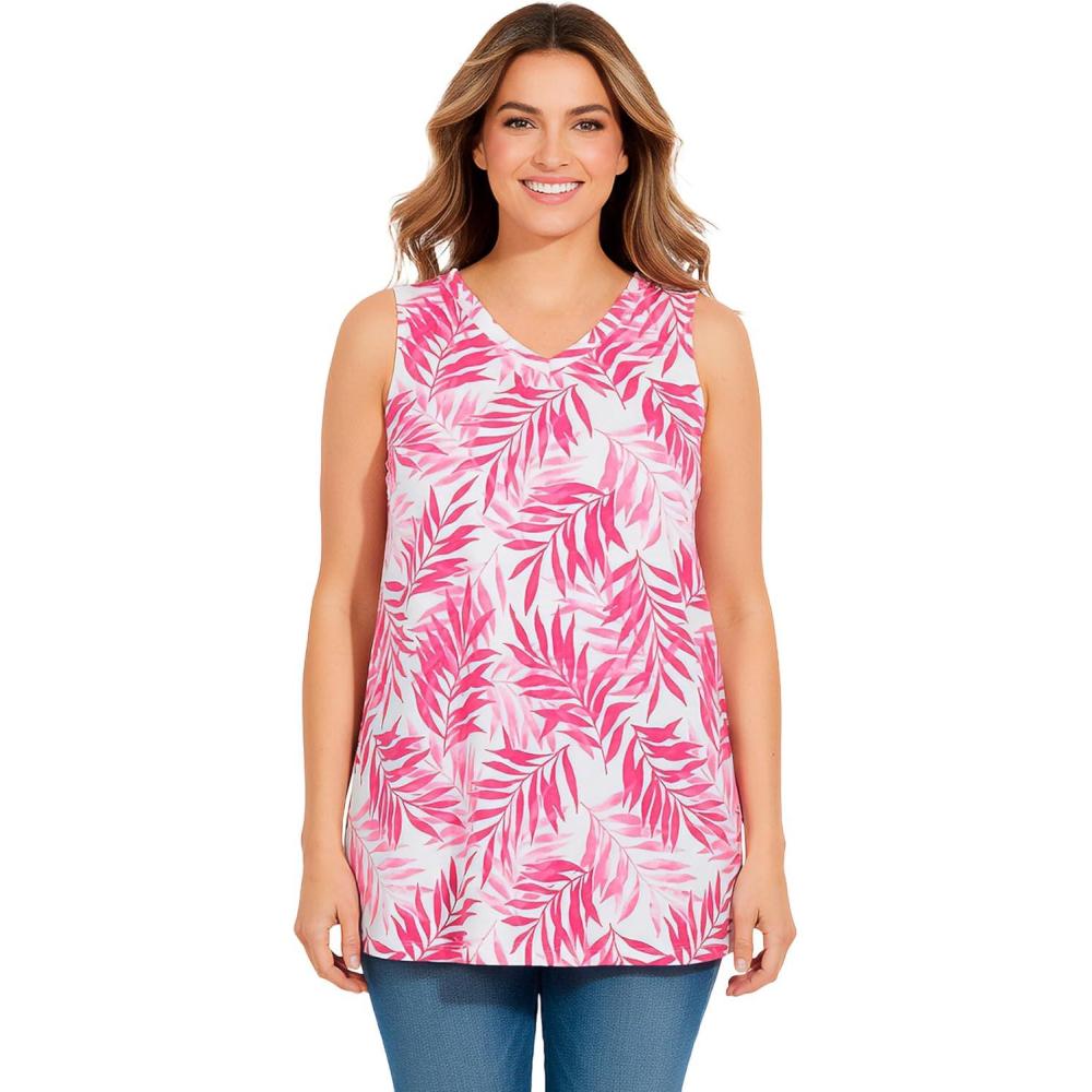 image:imageWoman Within Plus Size Perfect Printed Sleeveless Shirred VNeck TunicRaspberry Palm Leaves