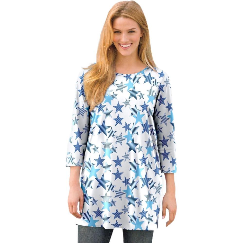 image:imageWoman Within Plus Size Perfect Printed ThreeQuarterSleeve Scoopneck TunicWhite Striped Stars