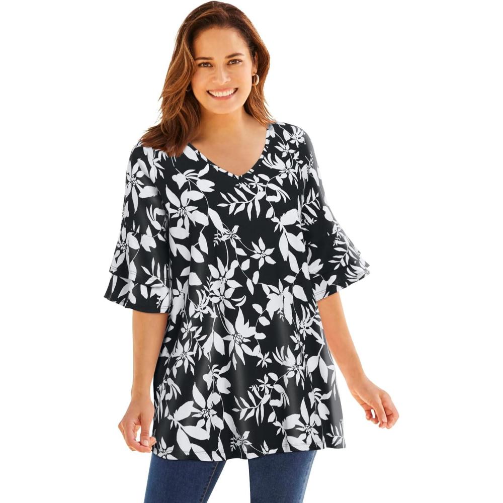 image:imageWoman Within Plus Size Ruffled ElbowSleeve TunicBlack White Shadow