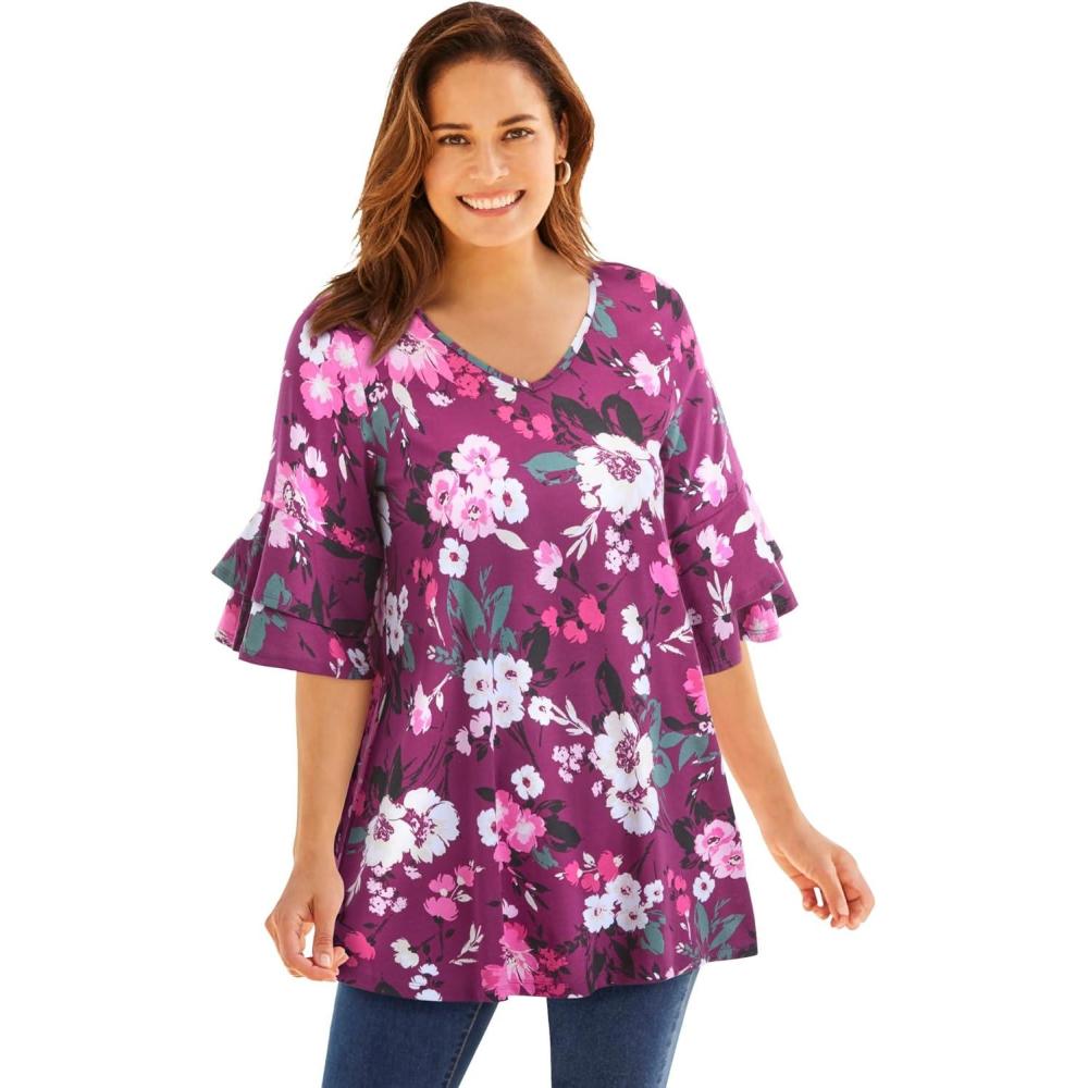 image:imageWoman Within Plus Size Ruffled ElbowSleeve TunicDeep Claret Multi Floral