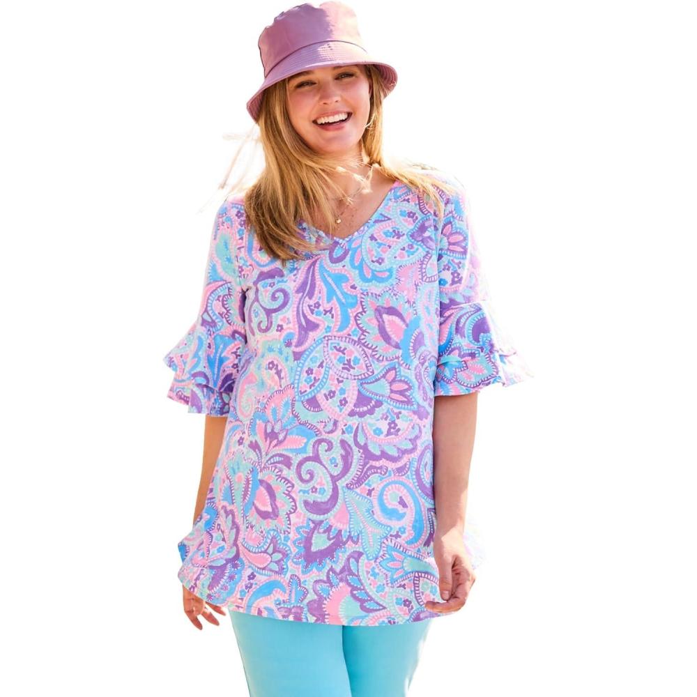 image:imageWoman Within Plus Size Ruffled ElbowSleeve TunicLilac Multi Paisley