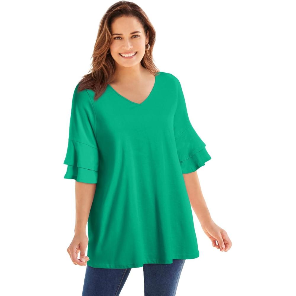 image:imageWoman Within Plus Size Ruffled ElbowSleeve TunicTropical Emerald