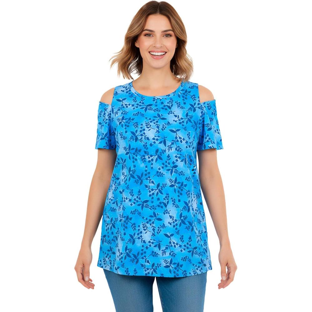 image:imageWoman Within Plus Size ShortSleeve ColdShoulder TeeAzure Twilight Garden
