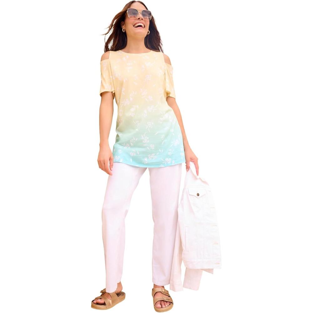 image:imageWoman Within Plus Size ShortSleeve ColdShoulder TeeBanana Petal Ombre