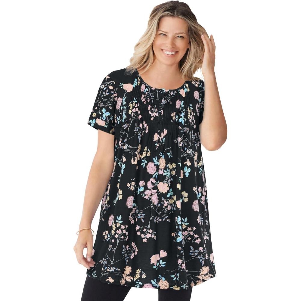 image:imageWoman Within Plus Size ShortSleeve Pintucked Henley TunicBlack Multi Sweet Garden