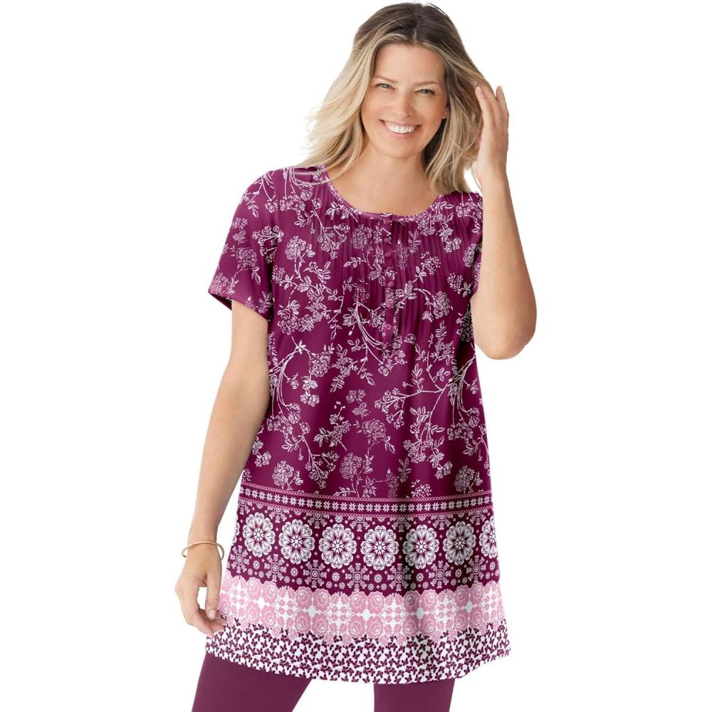 image:imageWoman Within Plus Size ShortSleeve Pintucked Henley TunicDeep Claret Border