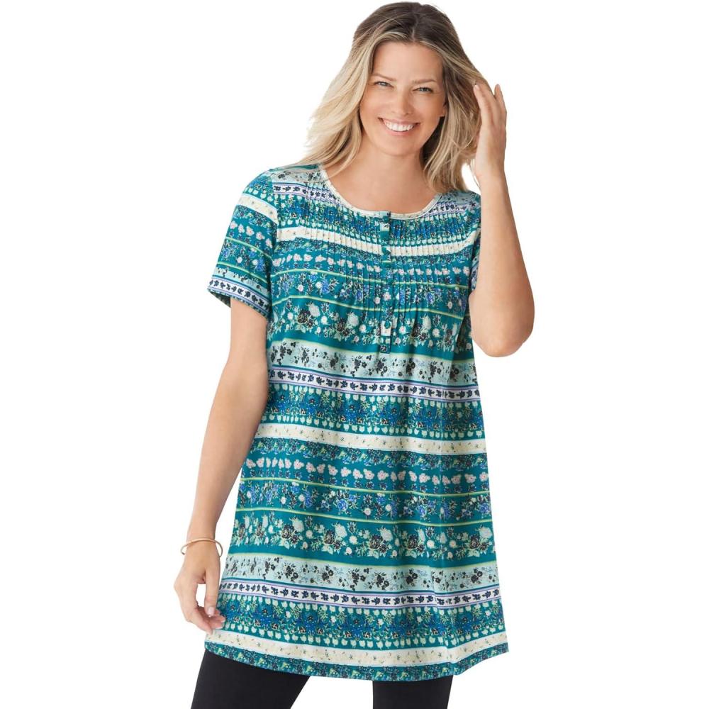 image:imageWoman Within Plus Size ShortSleeve Pintucked Henley TunicDeep Teal Patchwork Stripe