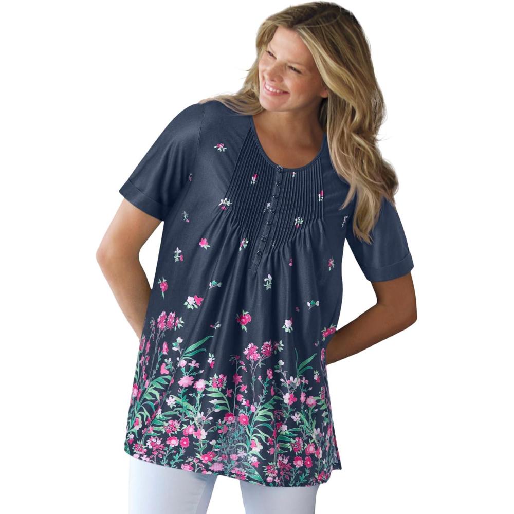 image:imageWoman Within Plus Size ShortSleeve Pintucked Henley TunicNavy Pink Garden Border