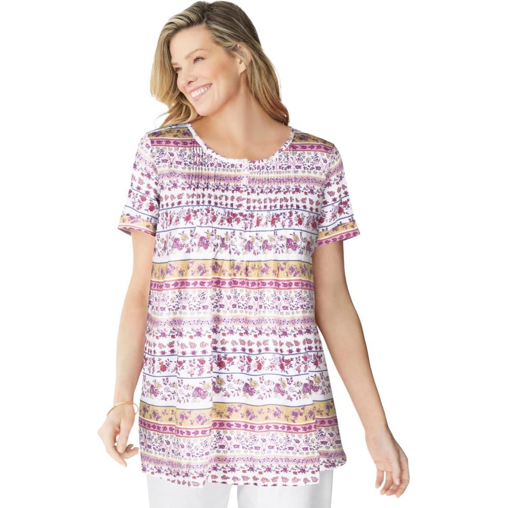 image:imageWoman Within Plus Size ShortSleeve Pintucked Henley TunicWhite Patchwork Stripe