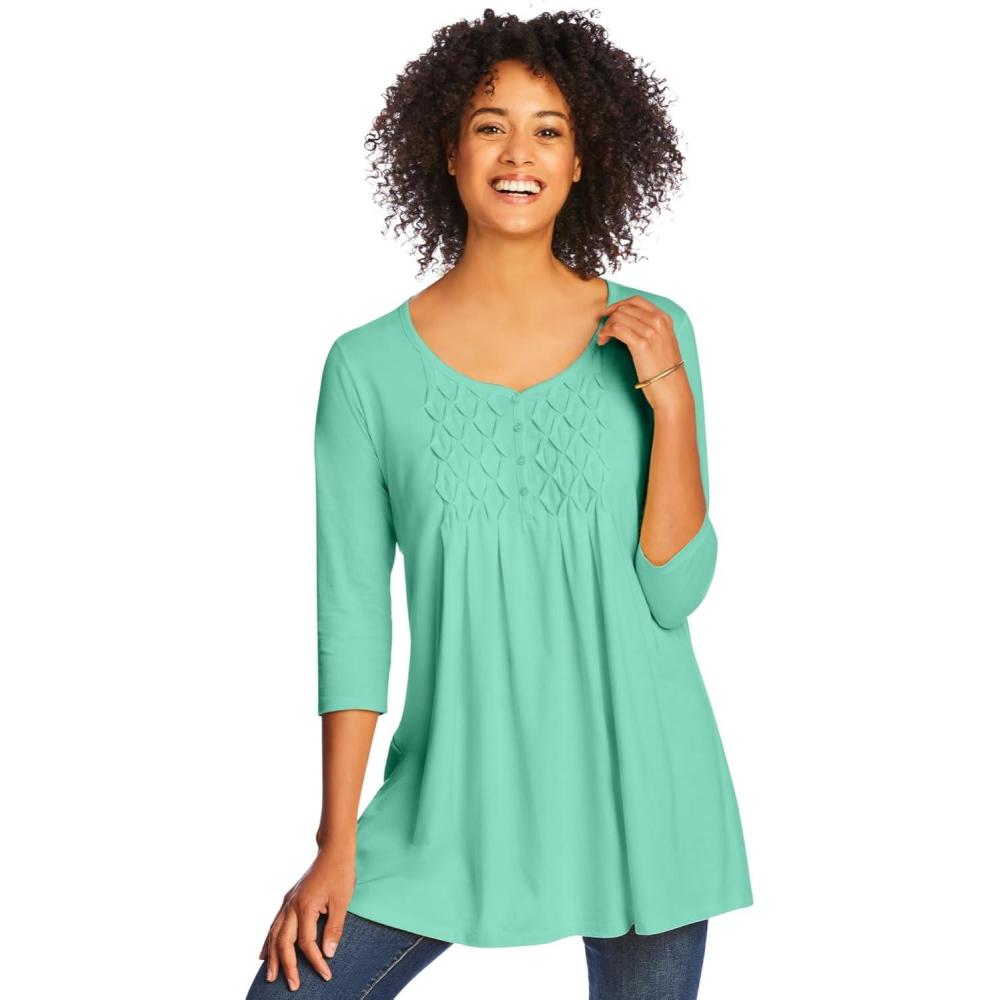 image:imageWoman Within Plus Size Smocked Henley Trapeze TunicPale Seafoam