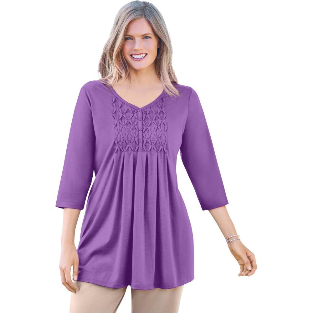 image:imageWoman Within Plus Size Smocked Henley Trapeze TunicPretty Violet