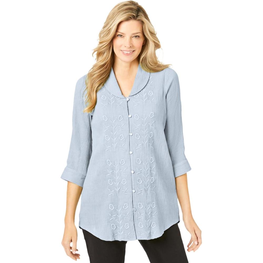 image:imageWoman Within Plus Size Textured Gauze Tunic With Shawl CollarPearl Grey