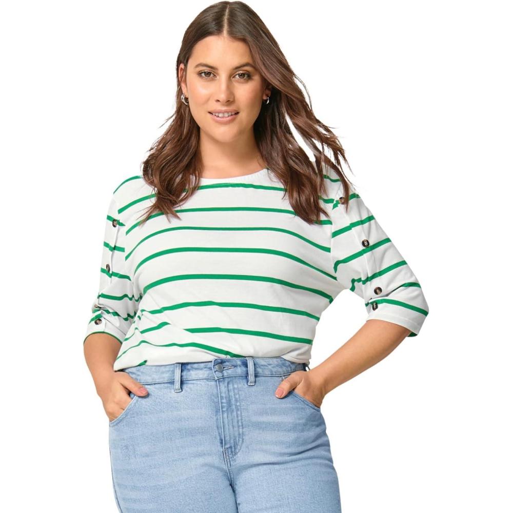 image:imageellos Plus Size Cotton Spandex Boat Neck 34 Sleeve Button Trim TeeWhite Kelly Green Stripe